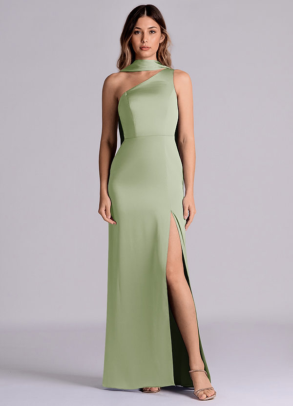 Azazie Philana 신부 들러리 드레스 A라인 한쪽 어깨 스트레치 새틴 바닥 길이 드레스 image1