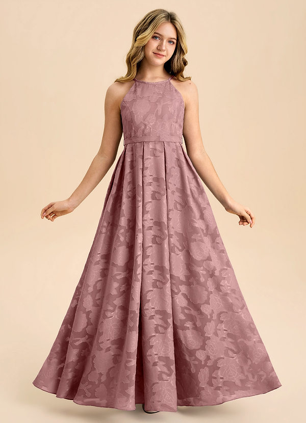 Azazie Arianthe Junior Abito A-Line in Floral Burnout Plissettato Rosa Polverosa image1
