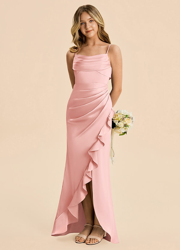 Azazie Mia Junior Powder Pink Mermaid Pleated Stretch Satin Dress image1