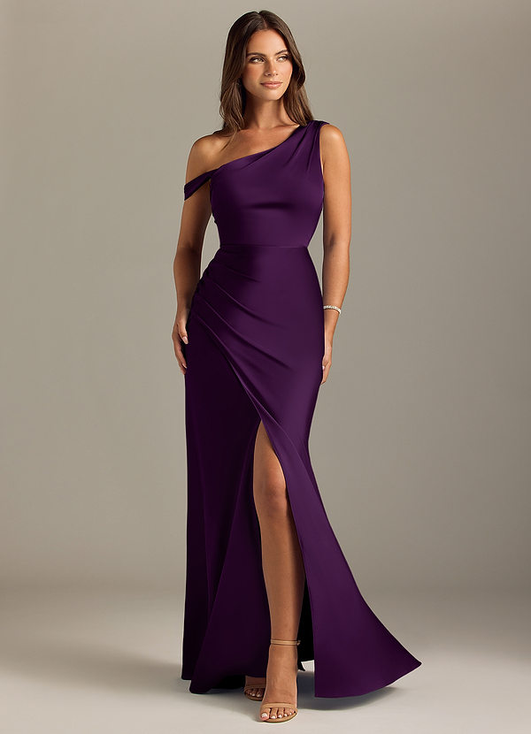 Azazie Madelyn Bruidsmeisjes Jurken Converteerbaar Jurk van Stretch Satijn met Zeemeermin Off the Shoulder Druif image1