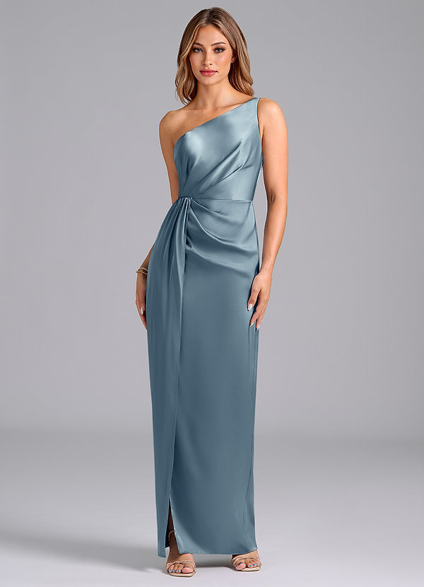 Azazie Naria Vestidos Dama de Honor Vestido de Azul Polvoriento de Satén Elástico de Corte Recto con Hombro unilateral image1