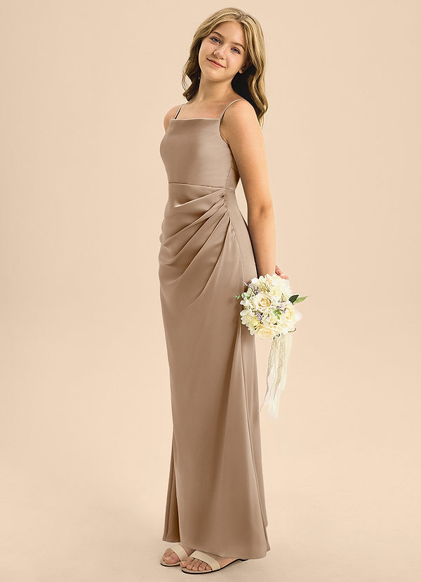 Azazie Renna Junior Taupe A-Line Pleated Stretch Satin Dress image1