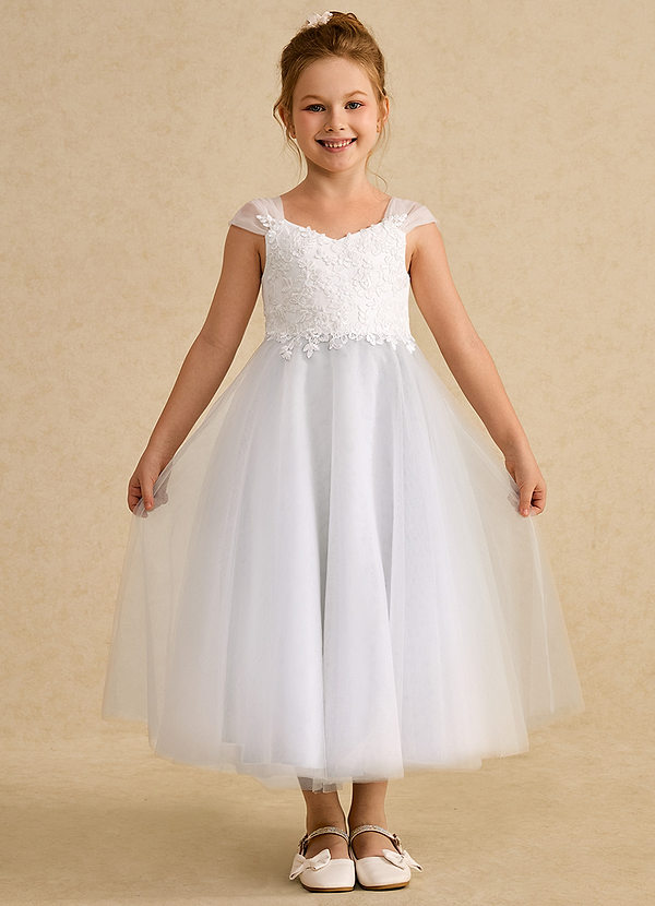 Azazie Momo Flower Girl Dresses Ivory White A-Line Lace Dress image1