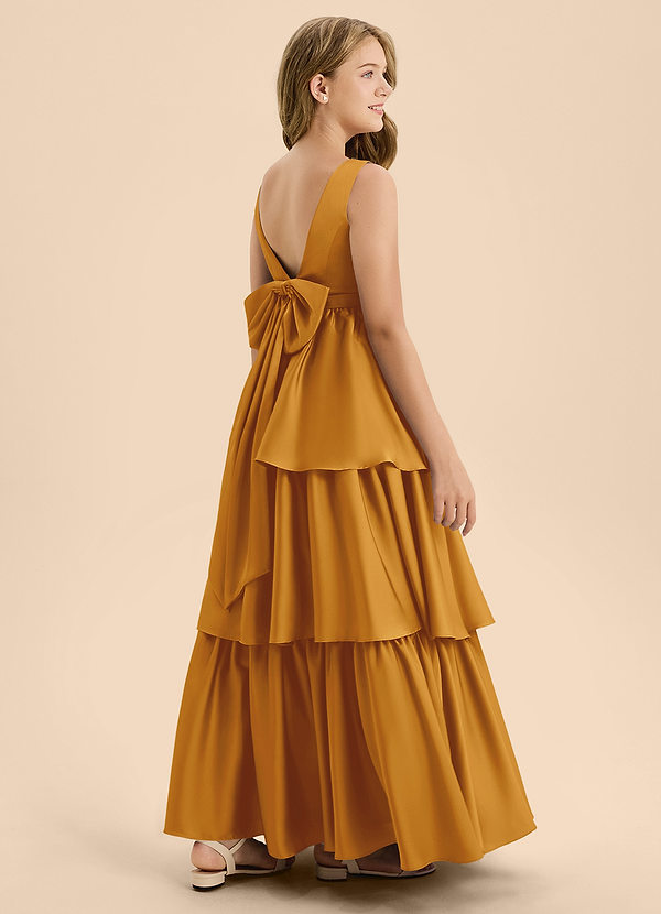 Azazie Meadowyn Junior Robe Trapèze en Satin extensible Arc Caramel écossais image1