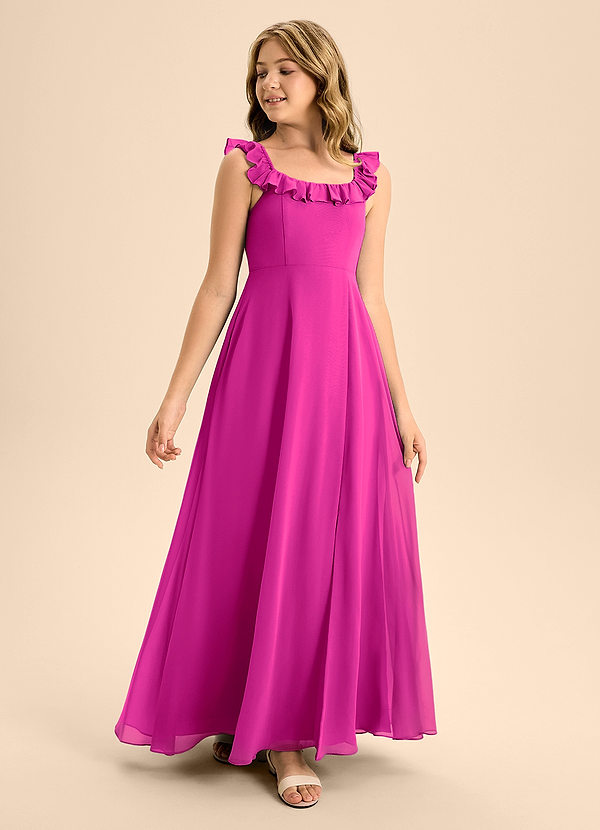 Azazie Callie Junior Abito A-Line in Chiffon Increspato Fucsia image1