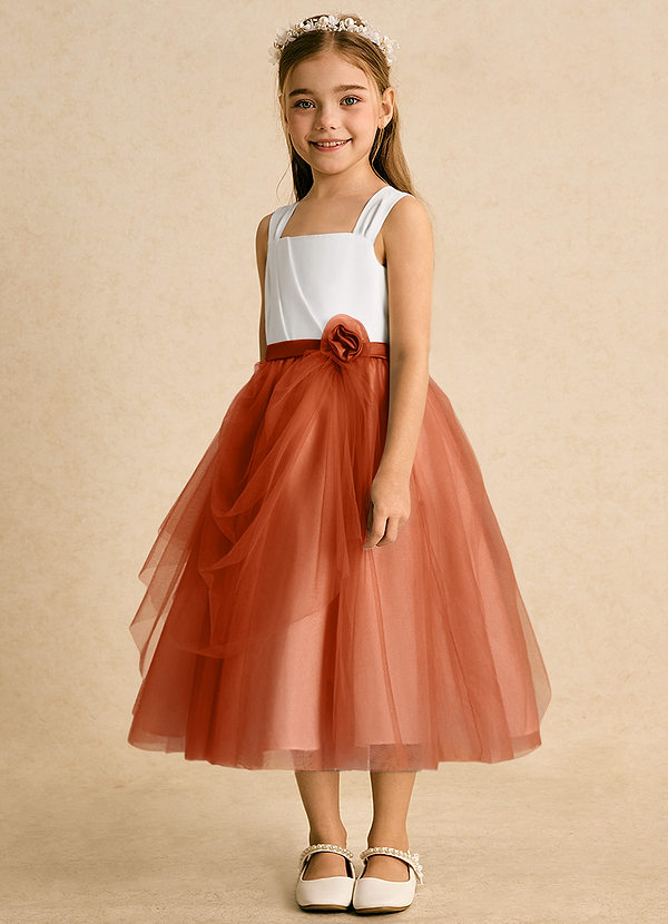 Azazie Bonny Flower Girl Dresses Ivory Burnt Orange Ball-Gown Pleated Tulle Dress image1