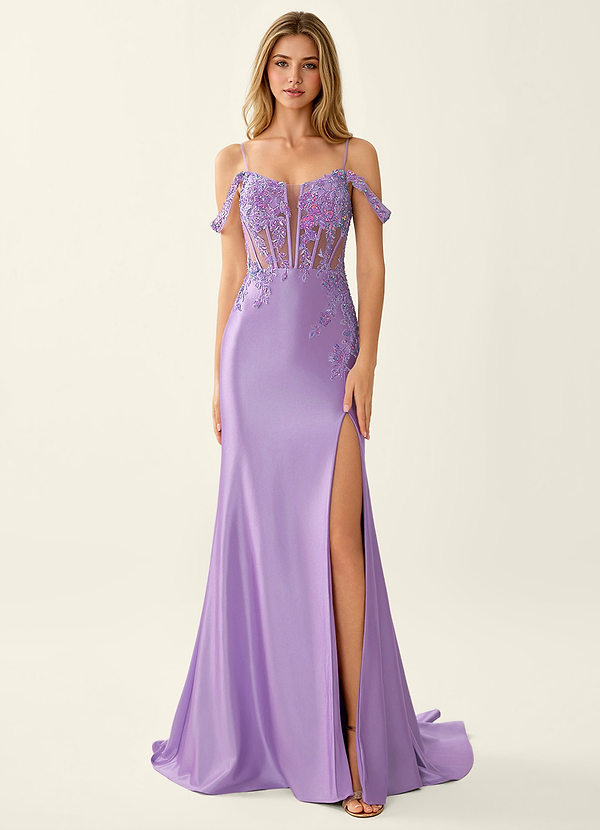 Roxane Purper Kanten korset, zeemeerminjurk met vetersluiting op de rug en hoge split, galajurk image1