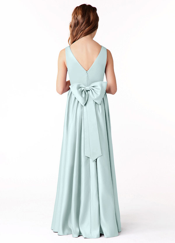 Azazie Hathaway Junior Sea Glass A-Line Bow Stretch Satin Dress image1