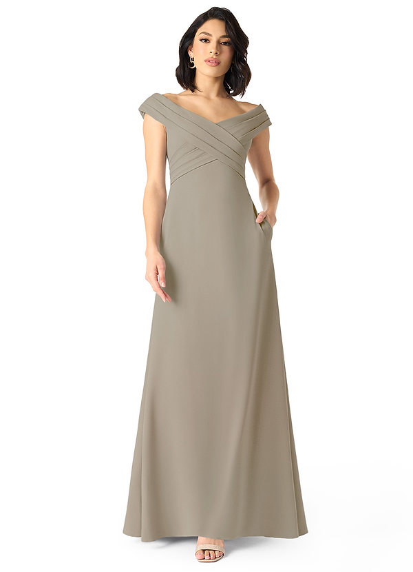 Azazie Evita Bridesmaid Dresses Taupe A-Line Off the Shoulder Stretch Crepe Dress image1