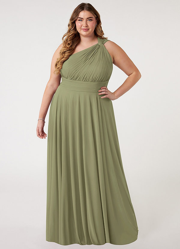 Azazie Charlize Bridesmaid Dresses Pistachio A-Line One Shoulder Mesh Dress image1