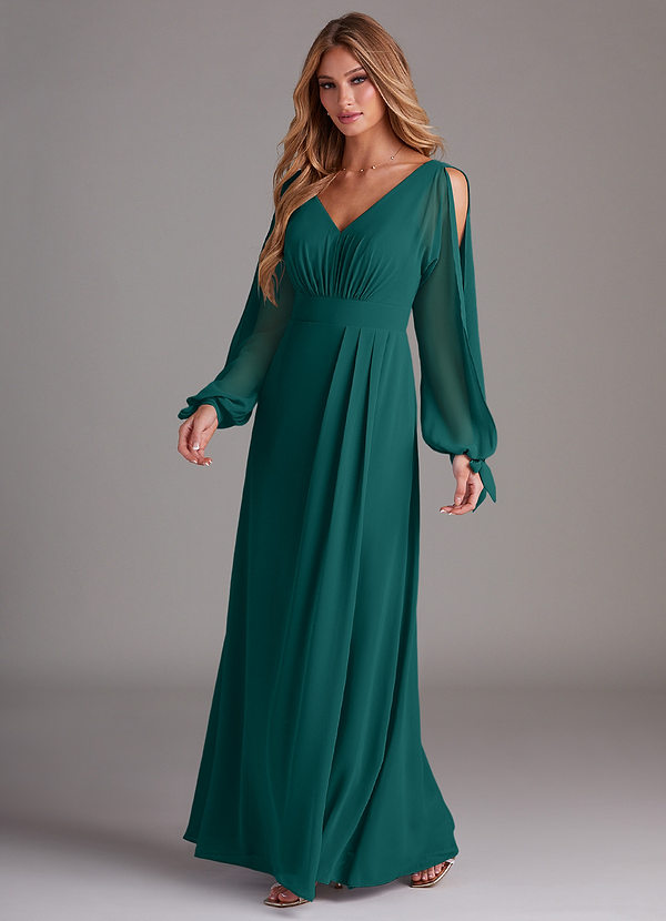 Azazie Matilda Bridesmaid Dresses Peacock A-Line Long Sleeve Chiffon Dress image1