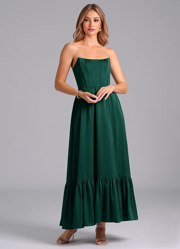 Azazie Leilana Bridesmaid Dresses Emerald A-Line Corset Stretch Satin Dress image1