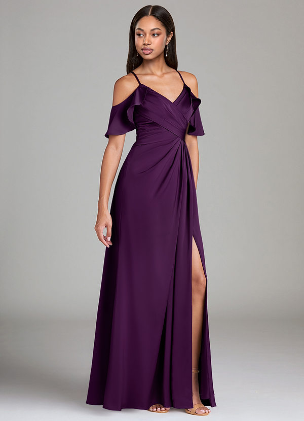 Azazie Dakota Bridesmaid Dresses Grape A-Line Off the Shoulder Stretch Satin Dress image1