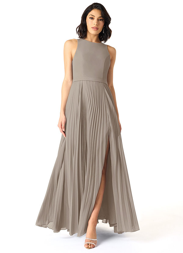 Azazie Lindie Bridesmaid Dresses Taupe A-Line Scoop Pleated Chiffon Dress image1