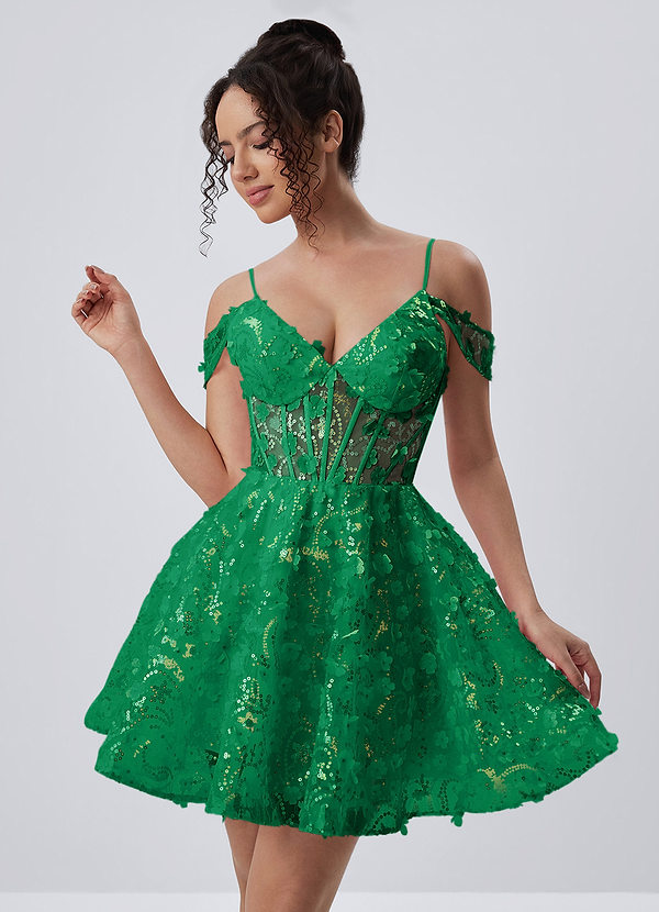 Kaelaniora Dark Green Sequin Embroidery 3D Flowers Tulle Corset Mini Dress image1