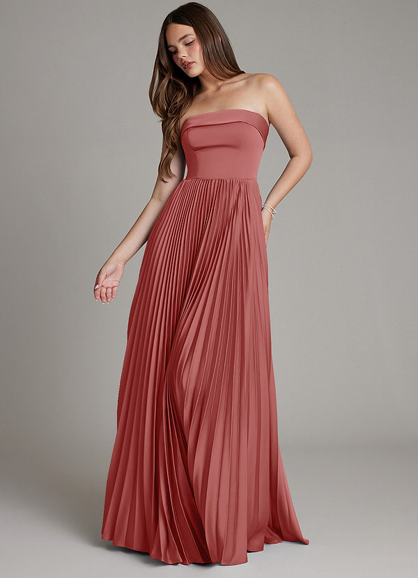 Azazie Mariana Bridesmaid Dresses Antique Rose A-Line Pleated Stretch Satin Dress image1