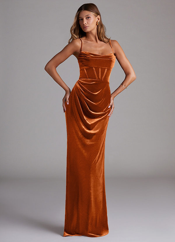 Azazie Mai Bridesmaid Dresses Burnt Orange Sheath Sweetheart Neckline Velvet Dress image1
