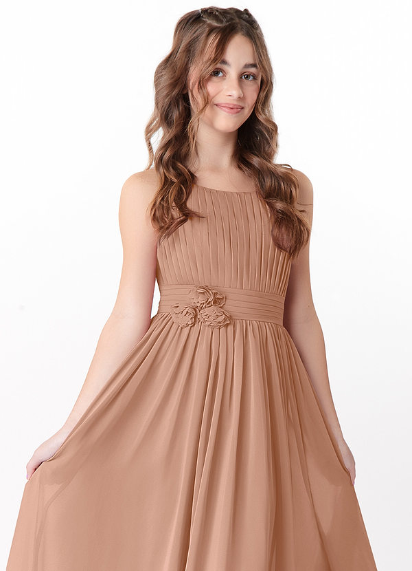 Azazie Astrid Junior Champagne Rose A-Line Floral Chiffon Dress image1