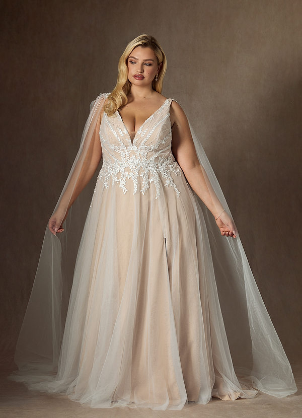 Azazie Goddess Wedding Dresses Diamond White Champagne A-Line V-Neck Sequins Tulle Dress image1
