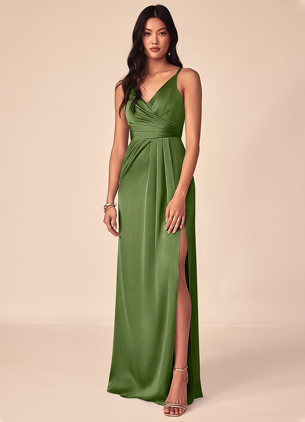 Azazie Aqua Bridesmaid Dresses Juniper A-Line V-Neck Pleated Stretch Satin Dress image1