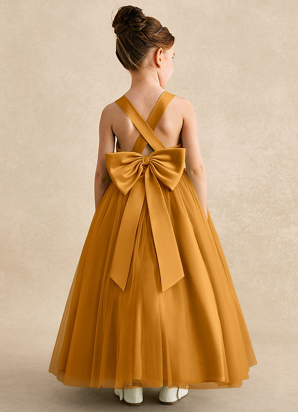 Azazie Peanut Robes de Fillette d'Honneur Robe Trapèze en Tulle Bretelle Caramel écossais image1