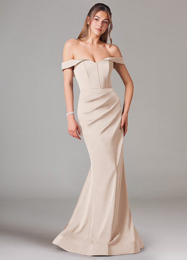 Azazie Everly Bridesmaid Dresses White Alabaster Mermaid Off the Shoulder Stretch Satin Convertible Dress image1