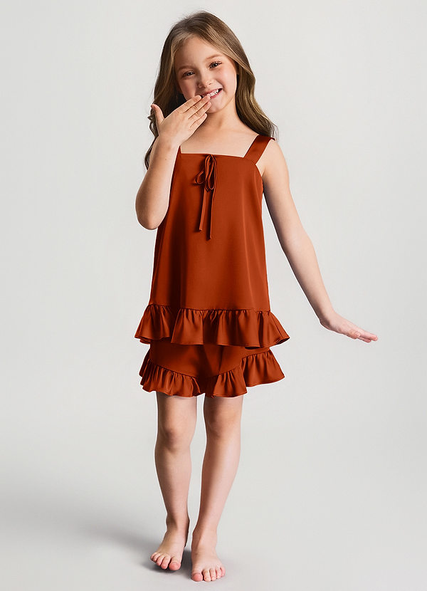 front Paprika Lányos szatén fodros felső és rövidnadrág pizsama szett