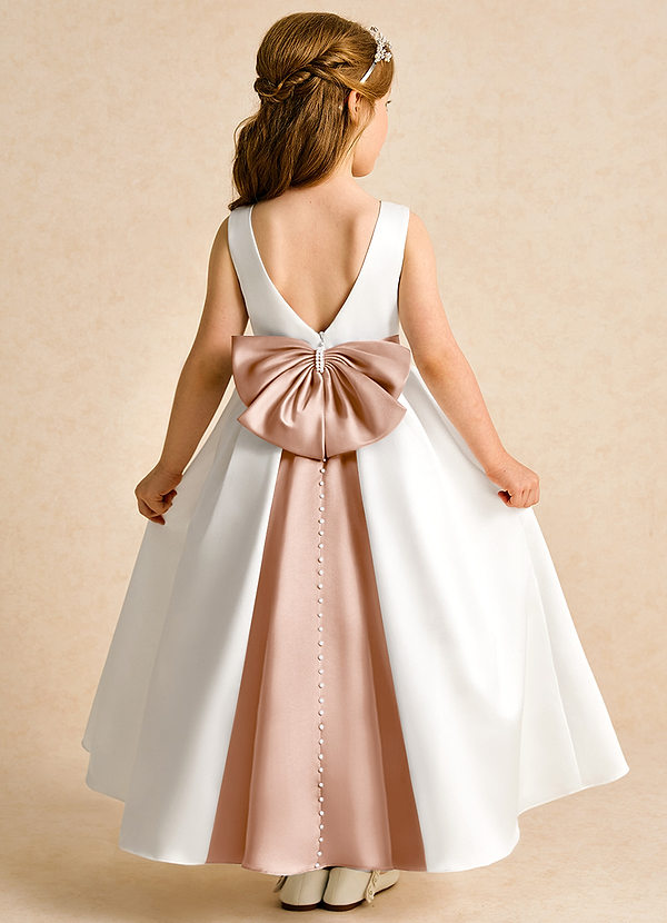 Azazie Cherry Flower Girl Dresses Ivory Champagne Rose Ball-Gown Pleated Matte Satin Dress image1