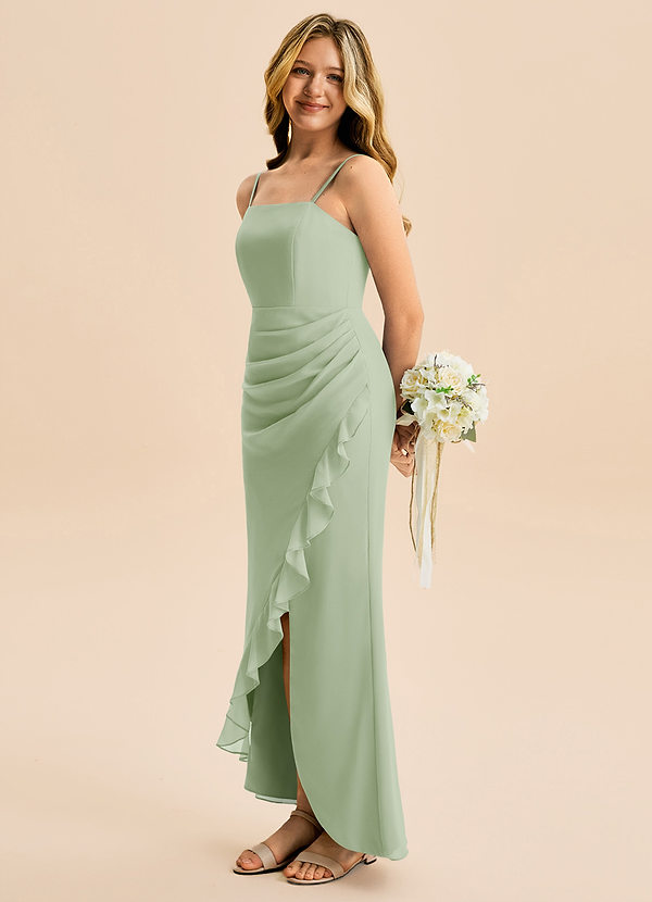 Azazie Buzzy Junior Vestido Dusty Sage de Chiffon de Bainha com Plissado image1