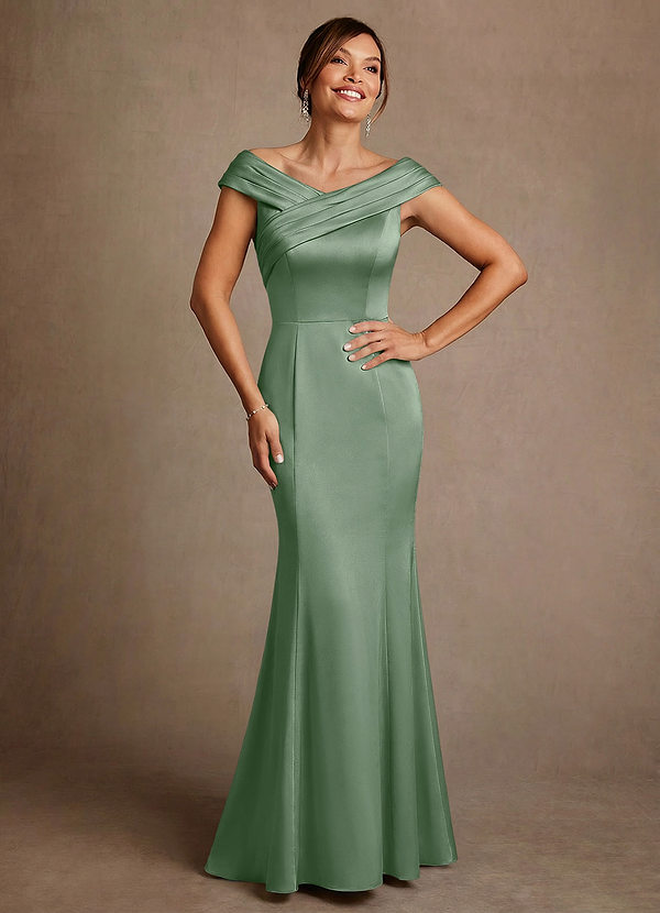 Azazie Aberdeen Klänningar för brudmamma Klänning Tubklänning i Stretch Satin Plisserad Matcha image1