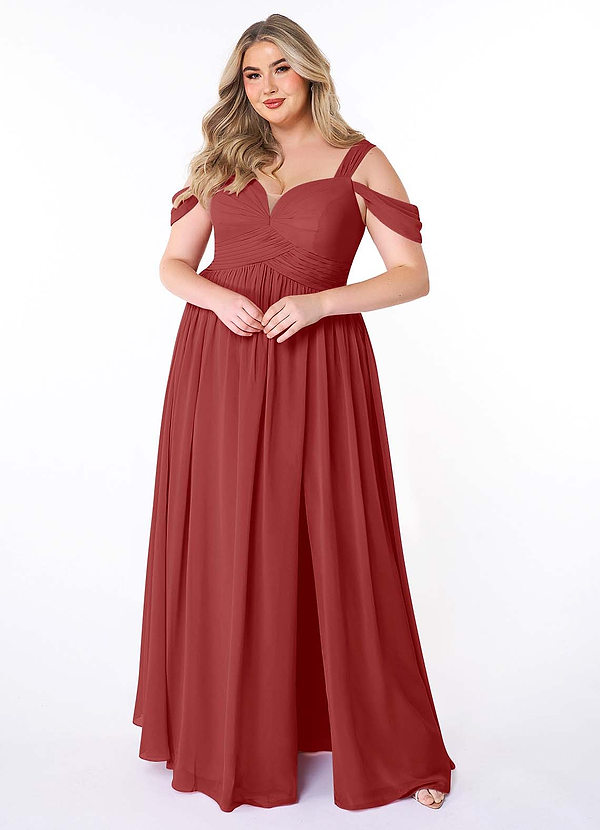 Azazie Lianne Bridesmaid Dresses Rust A-Line Off the Shoulder Chiffon Dress image1