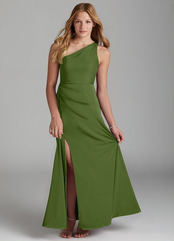 Azazie Maron Junior Vestido de Enebro de Satén Elástico de Corte En A con Plisado image1