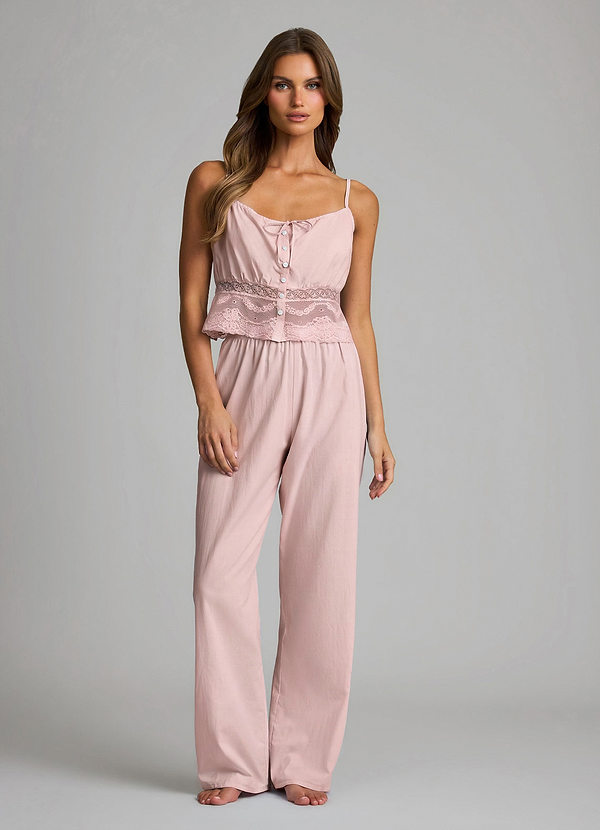 front Zartrosa Pyjama-Set aus Lyocell-Baumwolle, bestehend aus einem Top mit Spitzenbund und einer langen Hose