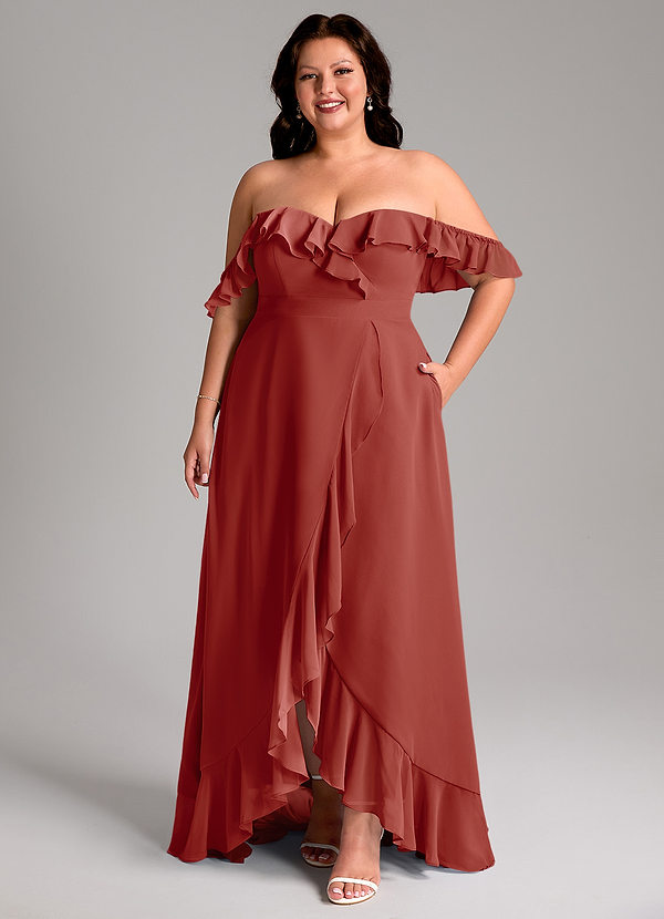 Azazie Lyra Robes de demoiselle d'honneur Robe Trapèze Convertible en Mousseline de soie Terracotta image1