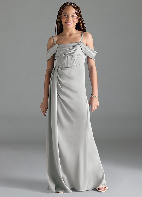 Azazie Amyra Junior Silver Sheath Off the Shoulder Stretch Satin Dress image1