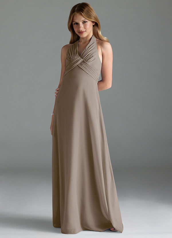 Azazie Tessie Junior Taupe A-Line Pleated Chiffon Dress image1