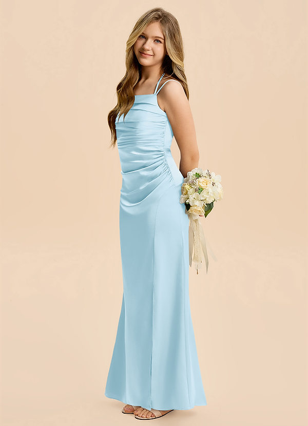 Azazie Nova Junior Sky Blue Sheath Pleated Stretch Satin Dress image1