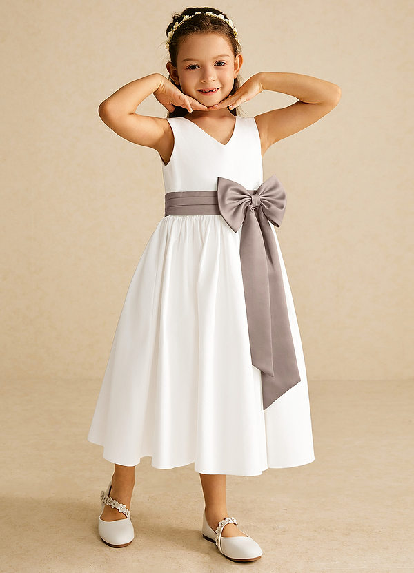 Azazie Darling Flower Girl Dresses Ivory Taupe A-Line Bow Cotton Dress image1