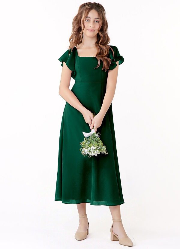 Azazie Bondi Junior Jurk van Chiffon met A-Lijn Ruches Smaragd image1