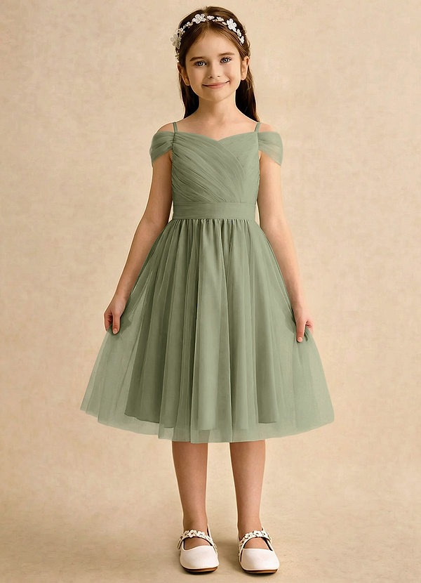 Azazie Lila Girls Formal Flower Girl Dresses Pistachio A-Line Off the Shoulder Tulle Dress image1