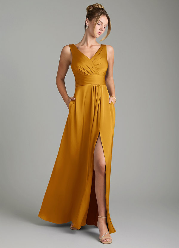 Azazie Karina Robes de demoiselle d'honneur Robe Trapèze en Satin extensible Plissée Caramel écossais image1