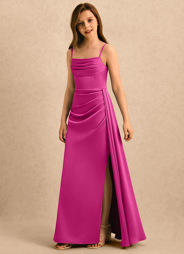 Azazie Shyla Girls Formal Sukienki dla dziewczynek sypiących kwiaty Osłona Pofałdowany Satyna elastyczna Długość podłogi Sukienka image1