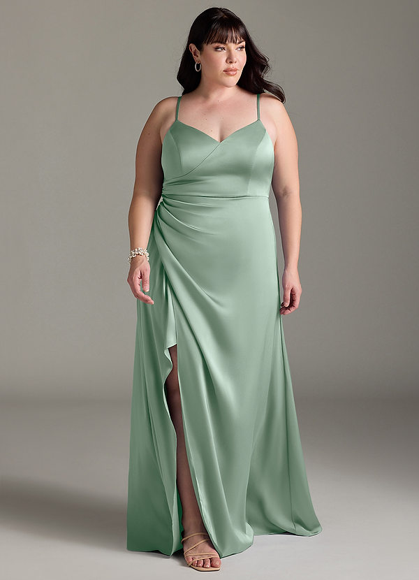 Azazie Marchella Bridesmaid Dresses Agave A-Line Corset Stretch Satin Dress image1