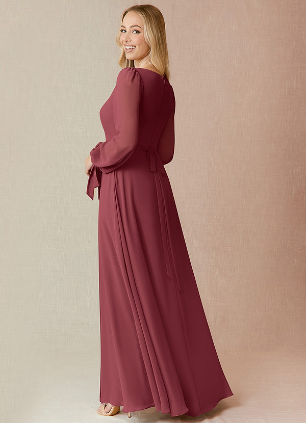 Azazie Leonia Bridesmaid Dresses Merlot A-Line Long Sleeve Chiffon Dress image1