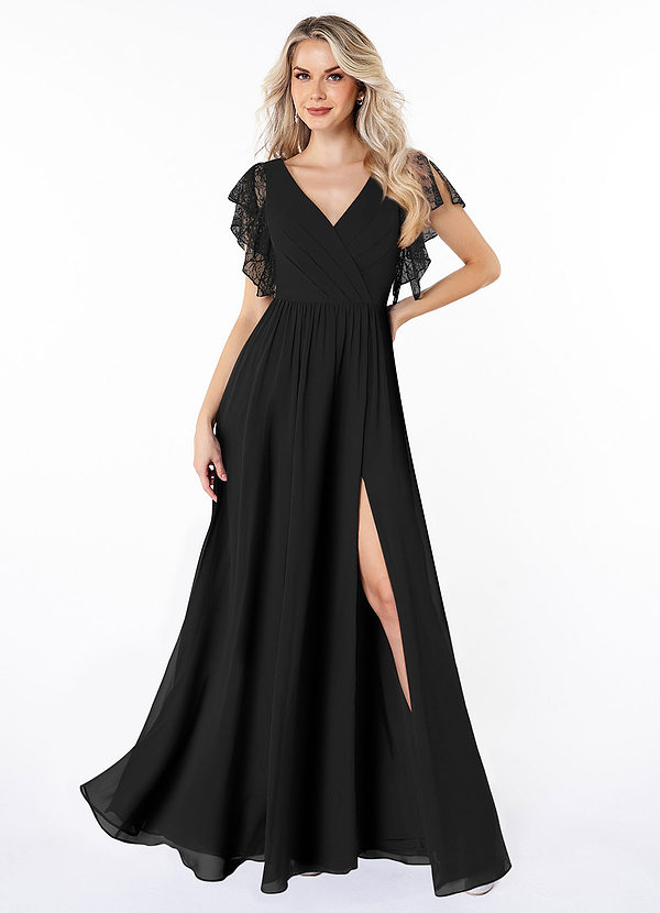 Azazie Zella Bridesmaid Dresses Black A-Line Lace Chiffon Dress image1