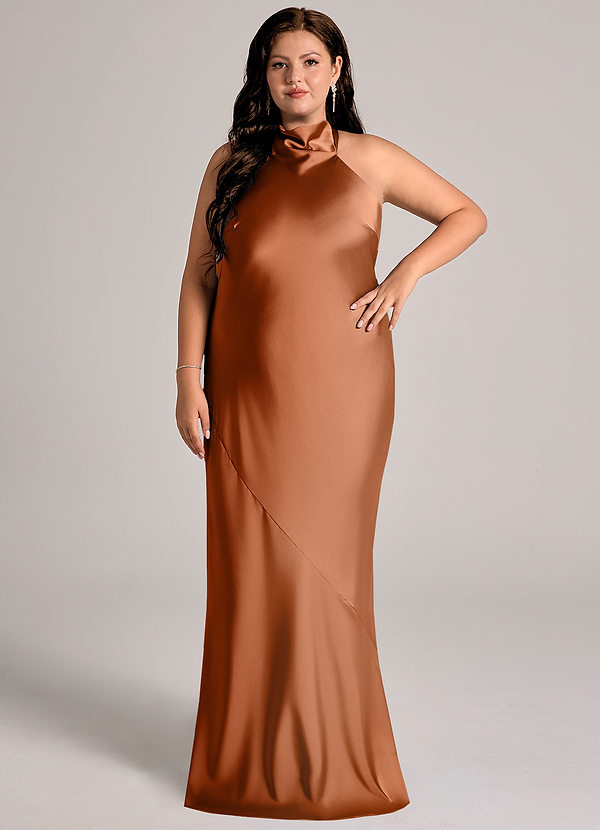 Azazie Velli Bridesmaid Dresses Copper Mermaid High Neck Stretch Satin Dress image1