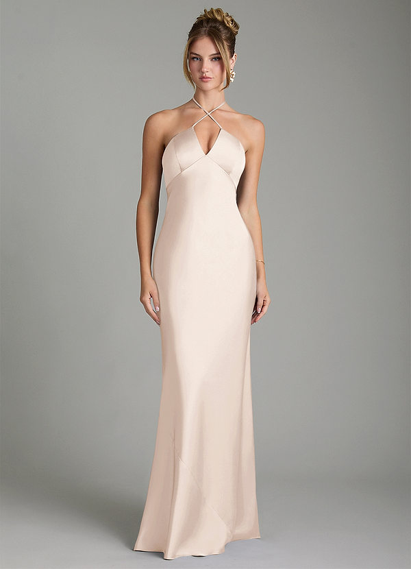 Azazie Camille Robes de demoiselle d'honneur Robe Fourreau en Satin extensible Fente latérale Albâtre Blanc image1
