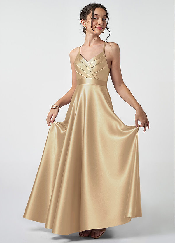 Azazie Avelina Junior Robe Trapèze en Satiné métallisé Plissée Champagne image1
