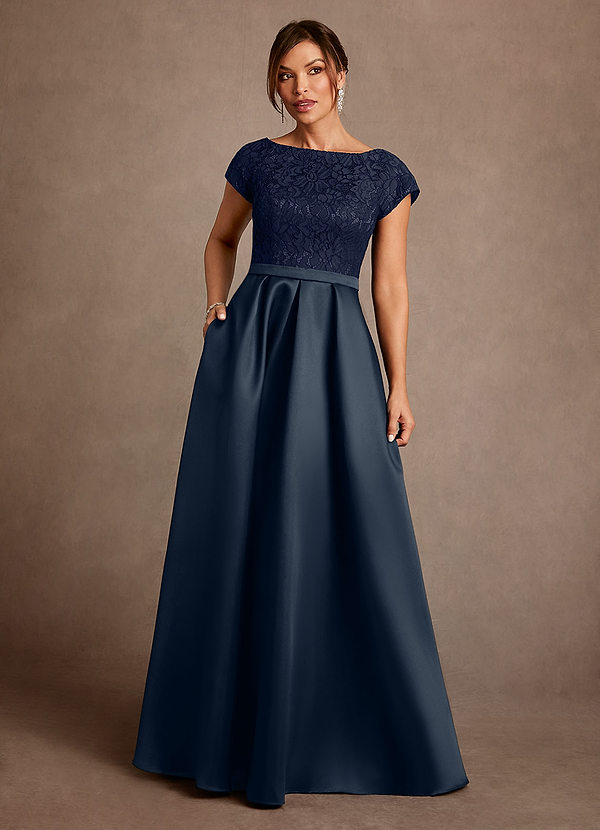 Azazie Albany Mother of the Bride Dresses Dark Navy A-Line Pleated Lace Dress image1