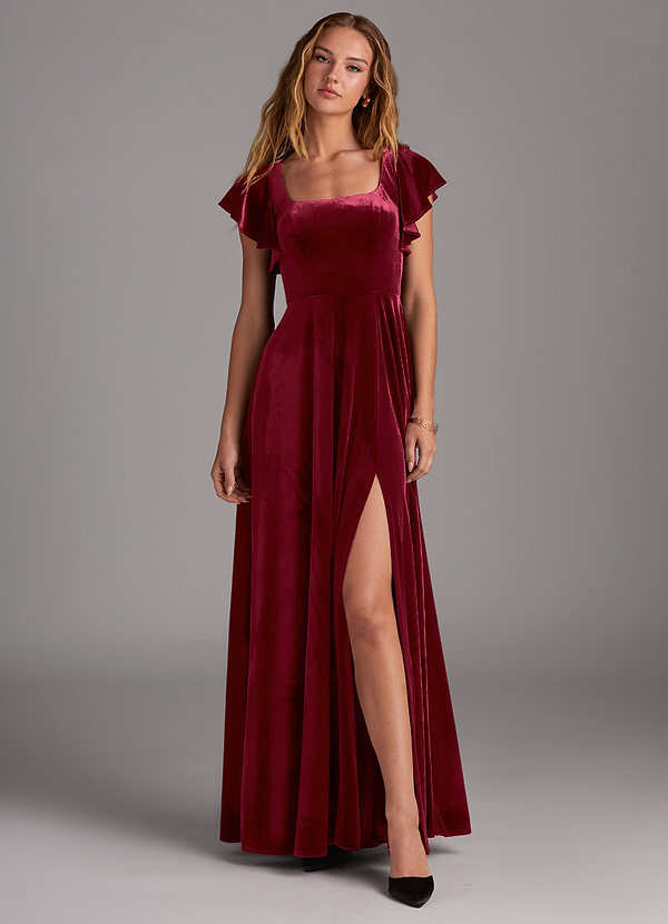 Azazie Bondi Bridesmaid Dresses Burgundy A-Line Side Slit Velvet Dress image1